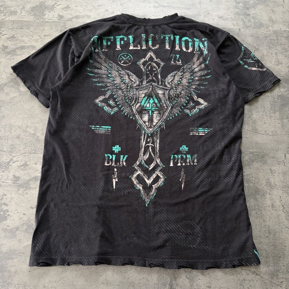 Y2K Affliction T-Shirt Mens XLarge Blue Black Gothic MMA Wing Cross Double Sided